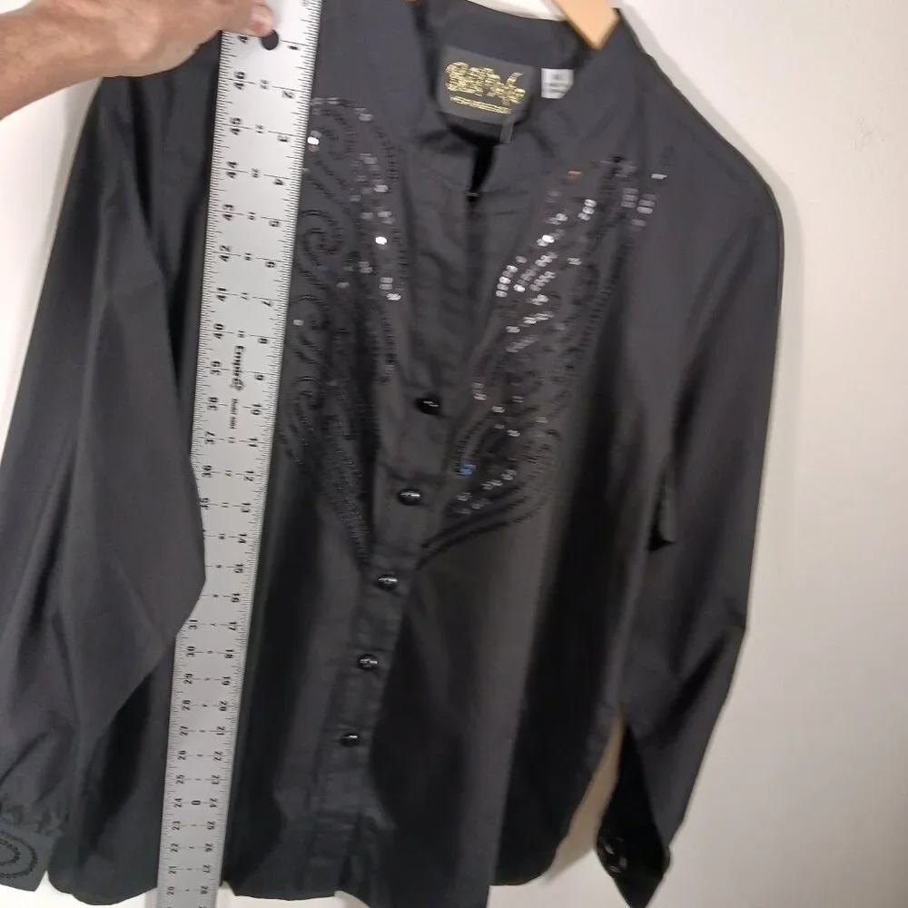 Bob Mackie NWT, Size Med., Black Button Down Shirt W/Sequins, Mandarin Collar - Picture 12 of 14